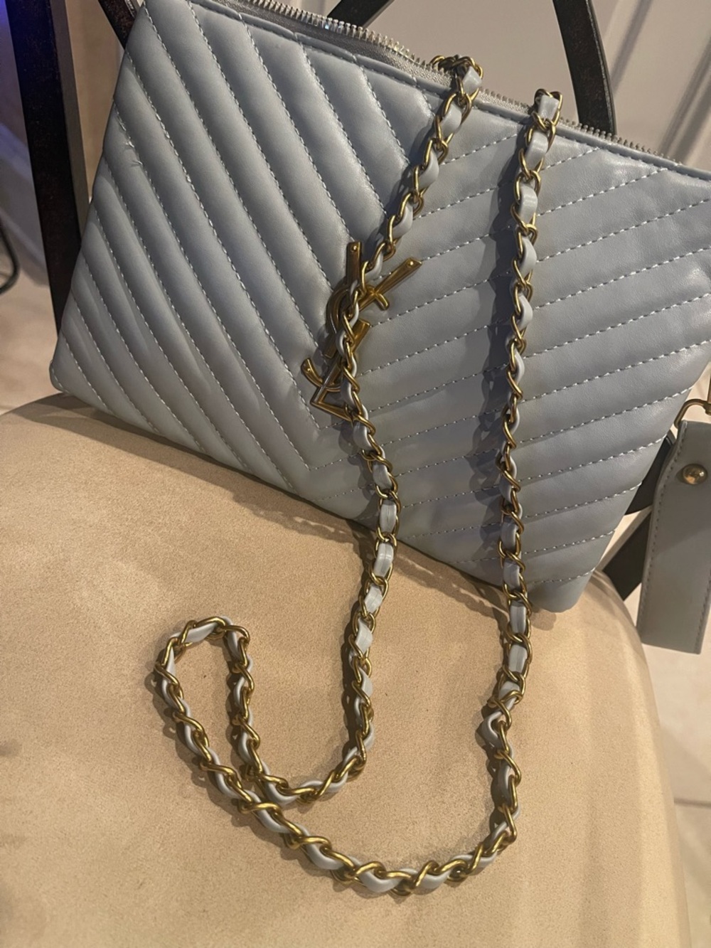 -Inspired Quilted Chain Shoulder Bag in Light Grey